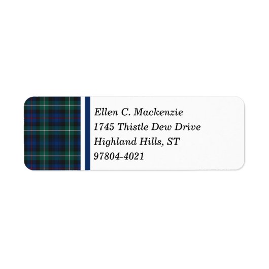 Clan Mackenzie Donkerblauw en Groen Schots Tartan Etiket (Voorkant)