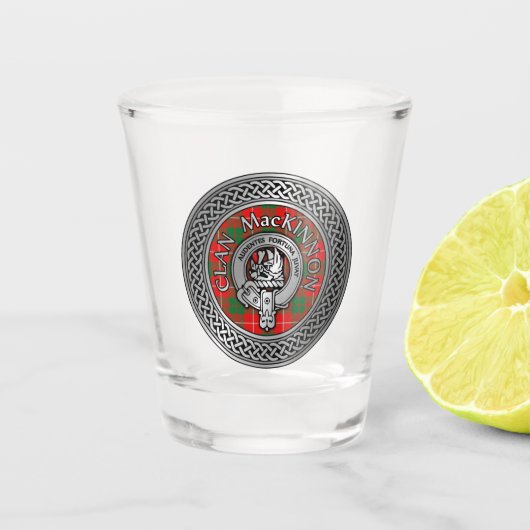 Clan MacKinnon Crest & Tartan Knot Shot Glass Glas (Voorkant)