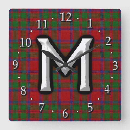 Clan MacKintosh MacIntosh Letter M Monogram Tartan Vierkante Klok (Voorkant)
