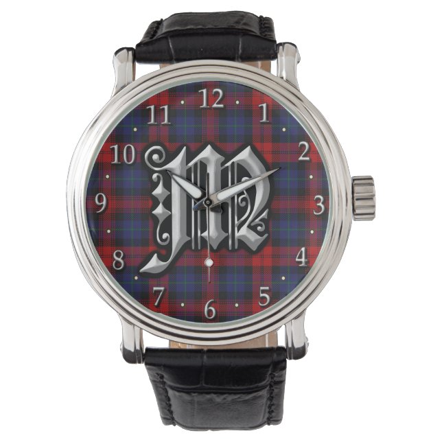 Clan MacLachlan Letter M Monogram Red Blue Tartan Horloge (Voorkant)
