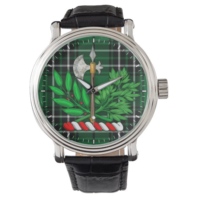 Clan MacLean Hunting Tartan en BattleAxe Crest Horloge (Voorkant)