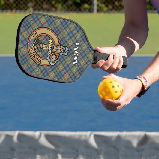 Clan MacLellan Crest over Oude Tartan Pickleball Paddle (Insitu)