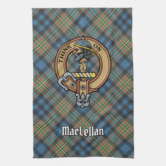 Clan MacLellan Crest over Oude Tartan Theedoek (Verticaal)