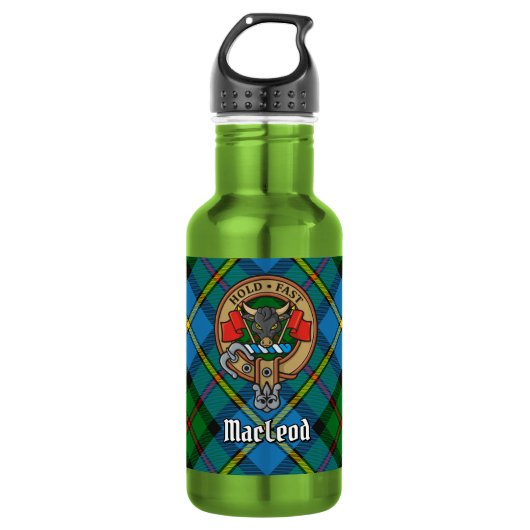 Clan MacLeod Crest over jacht-tartan Waterfles (Voorkant)