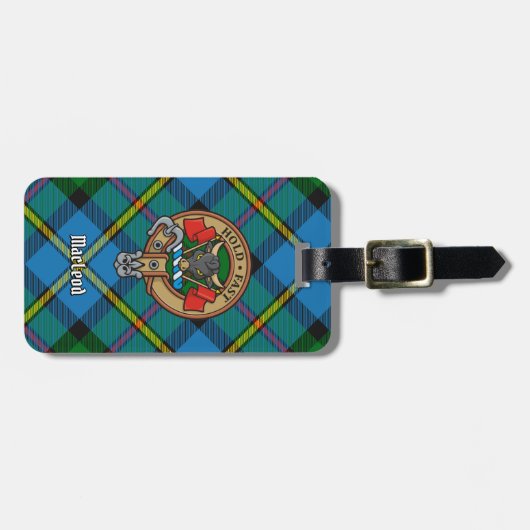 Clan MacLeod Crest over jagen op Tartan Bagagelabel (Voorkant horizontaal)