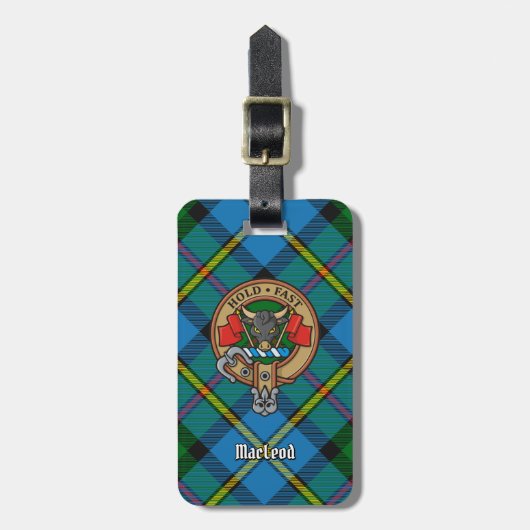 Clan MacLeod Crest over jagen op Tartan Bagagelabel (Voorkant verticaal)