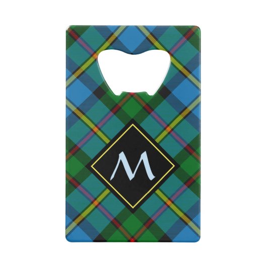 Clan MacLeod Crest over jagen op Tartan Creditkaart Flessenopener (Voorkant)