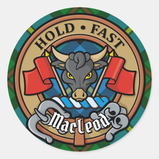 Clan MacLeod Crest over jagen op Tartan Ronde Sticker (Voorkant)