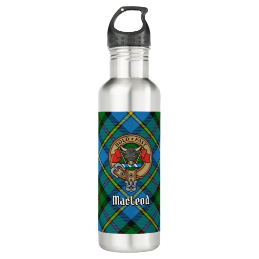Clan MacLeod Crest over jagen op Tartan Waterfles (Voorkant)