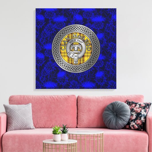 Clan MacLeod Crest & Tartan Knot op Thistle Canvas Afdruk (Insitu (Woonkamer))