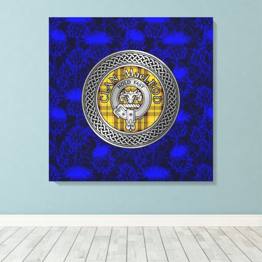 Clan MacLeod Crest & Tartan Knot op Thistle Canvas Afdruk (Insitu (Houten vloer))