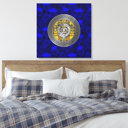 Clan MacLeod Crest & Tartan Knot op Thistle Canvas Afdruk (Insitu (Slaapkamer))