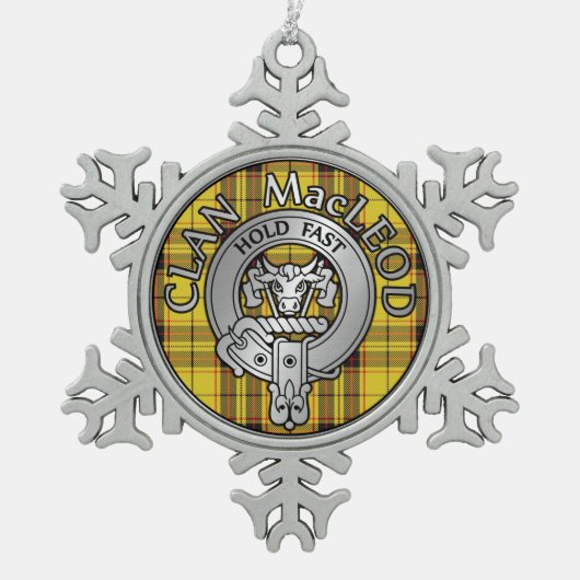 Clan MacLeod Crest & Tartan Tin Sneeuwvlok Ornament (Voorkant)