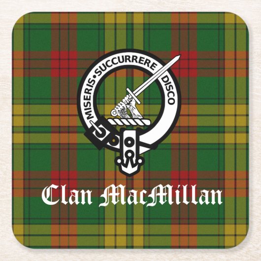 Clan MacMillan Crest Badge en Tartan Kartonnen Onderzetters (Voorkant)