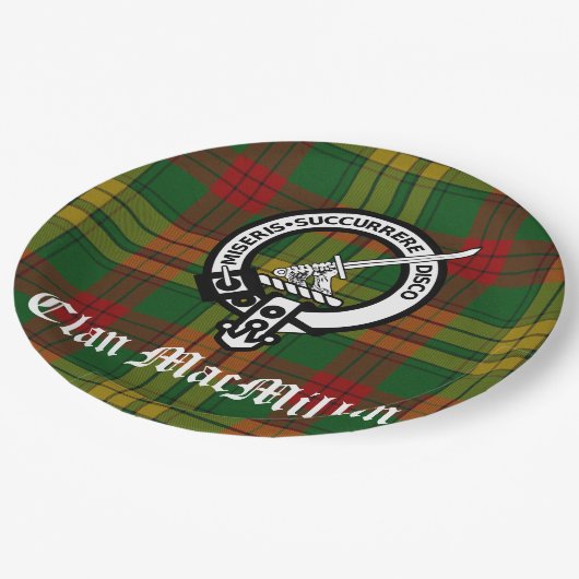 Clan MacMillan Crest Badge en Tartan Papieren Bordje (Gekanteld)