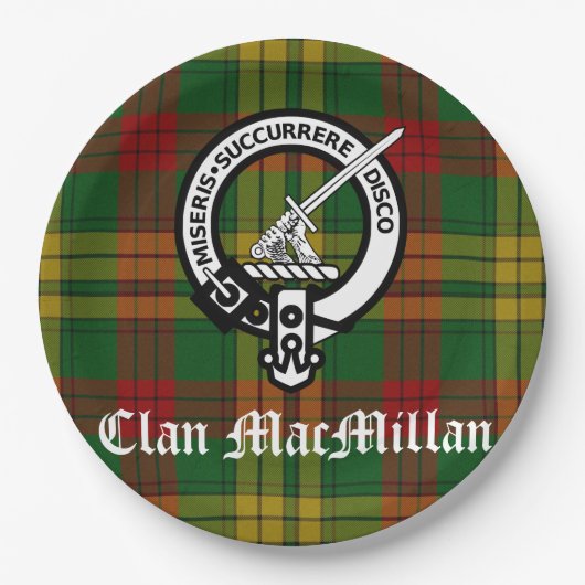 Clan MacMillan Crest Badge en Tartan Papieren Bordje (Voorkant)