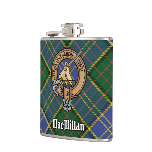 Clan MacMillan Crest over de jacht op Tartan Heupfles (Links)