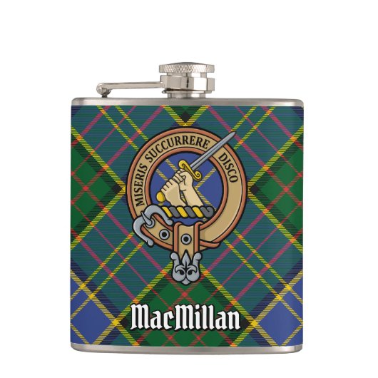 Clan MacMillan Crest over de jacht op Tartan Heupfles (Voorkant)