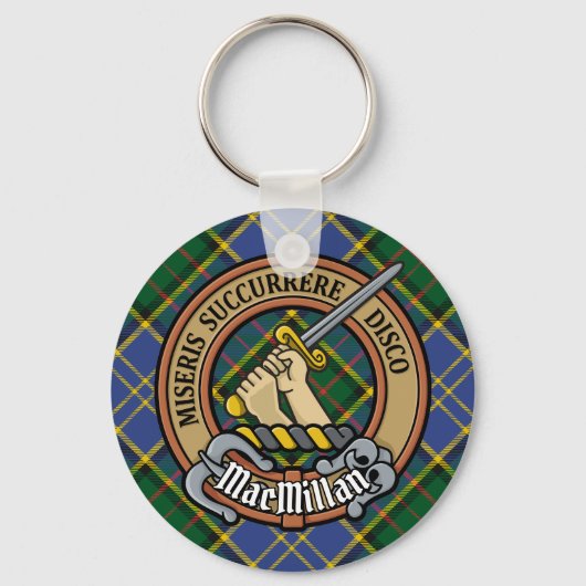 Clan MacMillan Crest over de jacht op Tartan Sleutelhanger (Voorkant)
