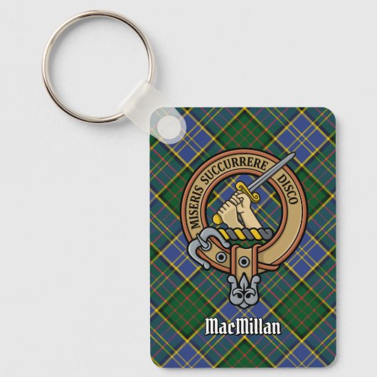Clan MacMillan Crest over de jacht op Tartan Sleutelhanger (Voorkant)