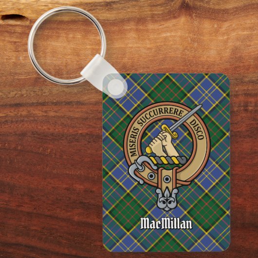 Clan MacMillan Crest over de jacht op Tartan Sleutelhanger (Voorkant)