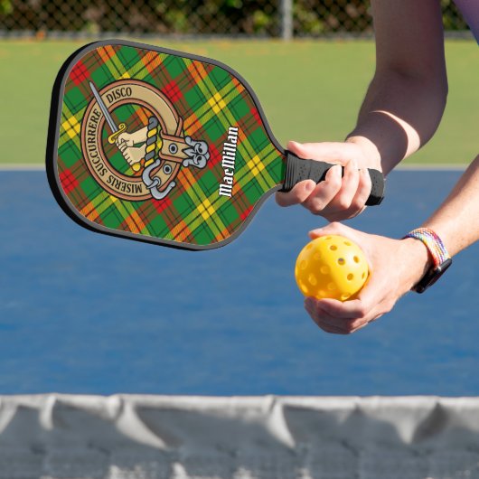 Clan MacMillan Crest over tartan Pickleball Paddle (Insitu)
