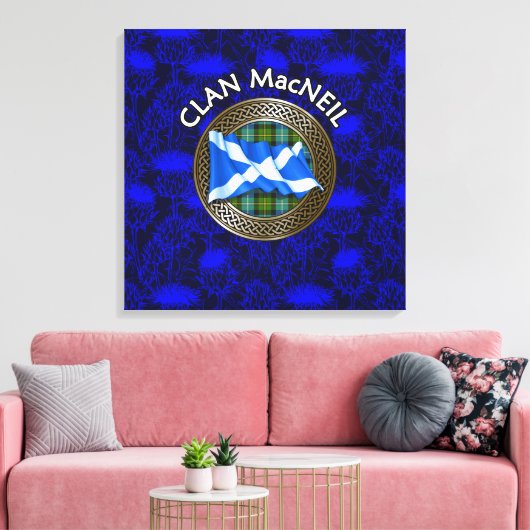 Clan MacNeil Crest & Tartan Knot op Thistle Canvas Afdruk (Insitu (Woonkamer))