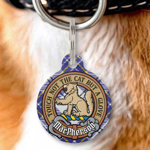 Clan MacPherson Crest over blauwe dress tartan Huisdierpenning