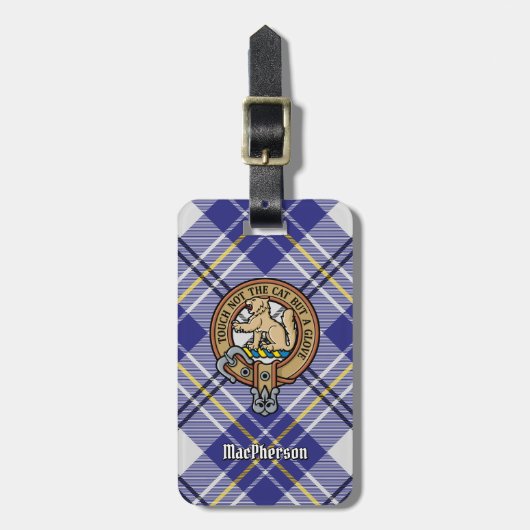 Clan MacPherson Crest over blauwe jurk Tartan Bagagelabel (Voorkant verticaal)