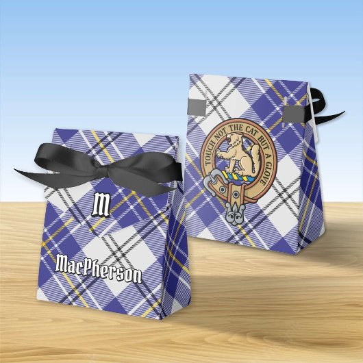 Clan MacPherson Crest over blauwe jurk Tartan Bedankdoosjes