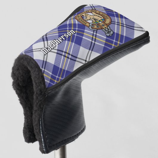 Clan MacPherson Crest over blauwe jurk Tartan Golfheadcover (3/4 voorkant)