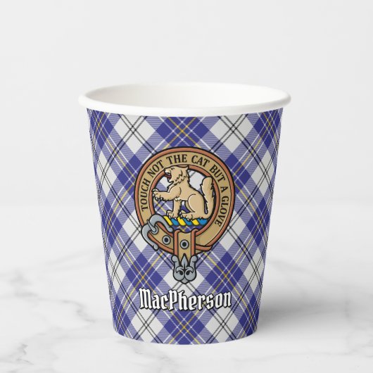 Clan MacPherson Crest over blauwe jurk Tartan Papieren Bekers (Voorkant)