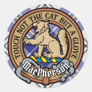 Clan MacPherson Crest over blauwe jurk Tartan Ronde Sticker