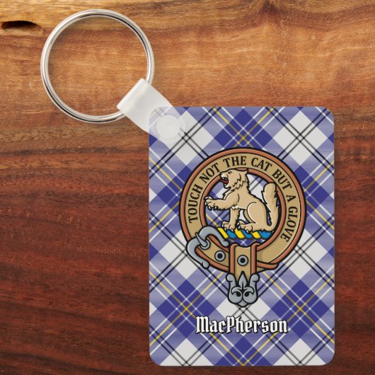 Clan MacPherson Crest over blauwe jurk Tartan Sleutelhanger (Voorkant)