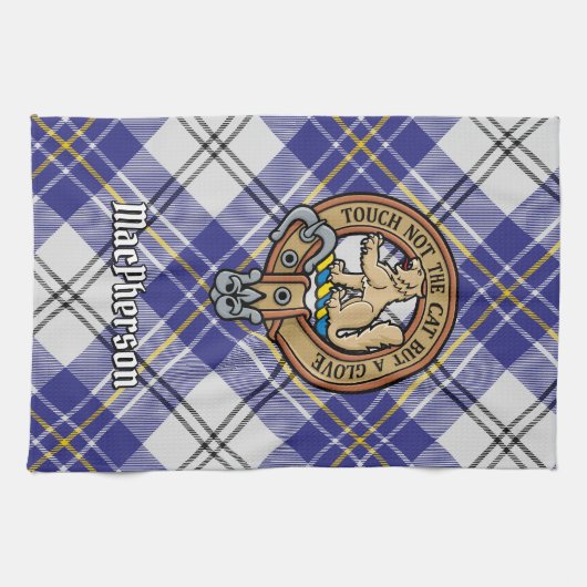 Clan MacPherson Crest over blauwe jurk Tartan Theedoek (Horizontaal)
