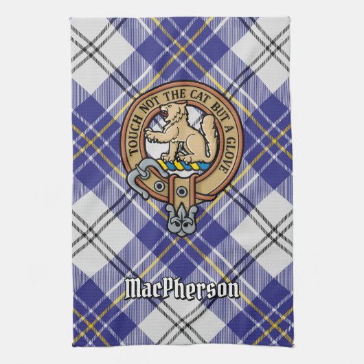 Clan MacPherson Crest over blauwe jurk Tartan Theedoek (Verticaal)