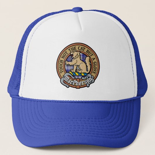 Clan MacPherson Crest over blauwe jurk Tartan Trucker Pet (Voorkant)