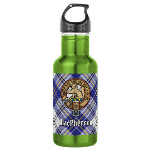 Clan MacPherson Crest over blauwe jurk tartan Waterfles