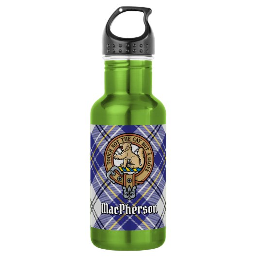 Clan MacPherson Crest over blauwe jurk tartan Waterfles (Voorkant)