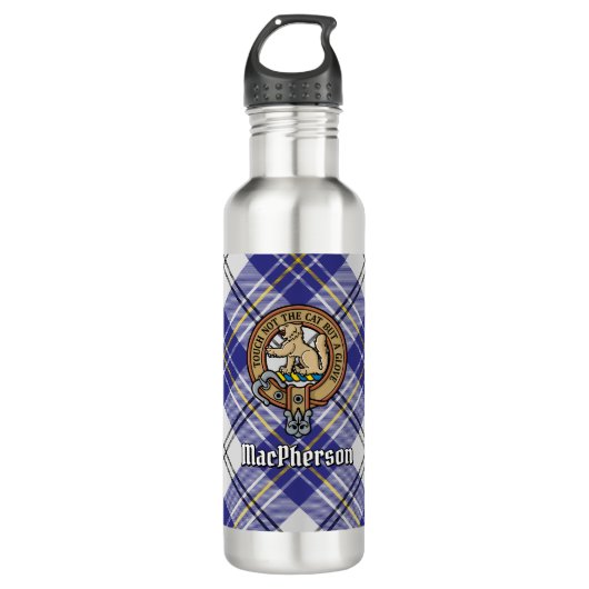 Clan MacPherson Crest over blauwe jurk Tartan Waterfles (Voorkant)