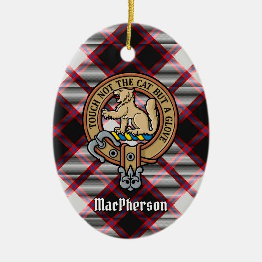 Clan MacPherson Crest over de jacht op Tartan Keramisch Ornament (Voorkant)
