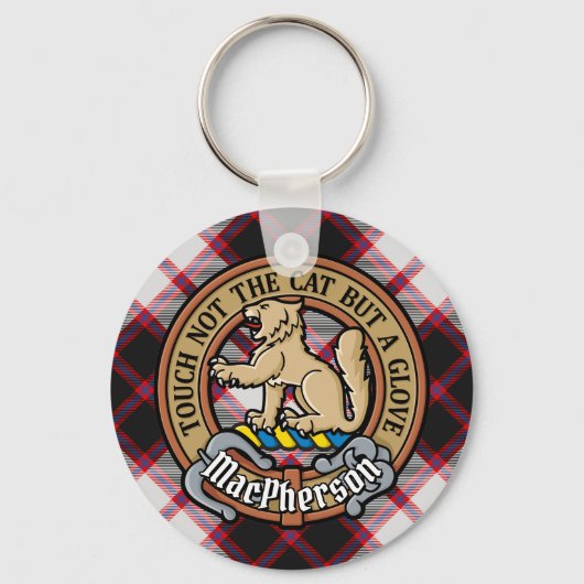 Clan MacPherson Crest over de jacht op Tartan Sleutelhanger (Voorkant)