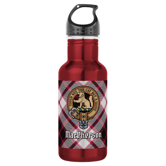 Clan MacPherson Crest over jacht-tartan Waterfles (Voorkant)