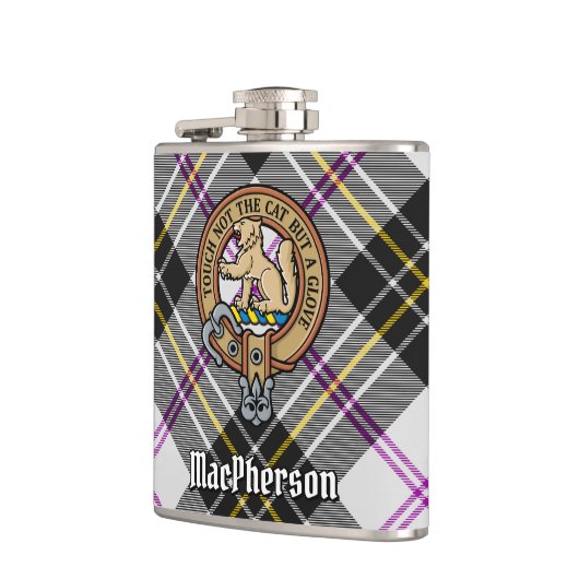 Clan MacPherson Crest over Jurk Tartan Heupfles (Links)