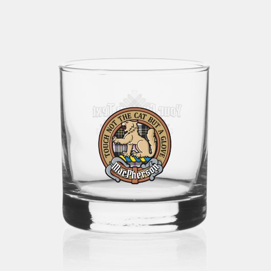 Clan MacPherson Crest over Jurk Tartan Whisky Glas (Voorkant)