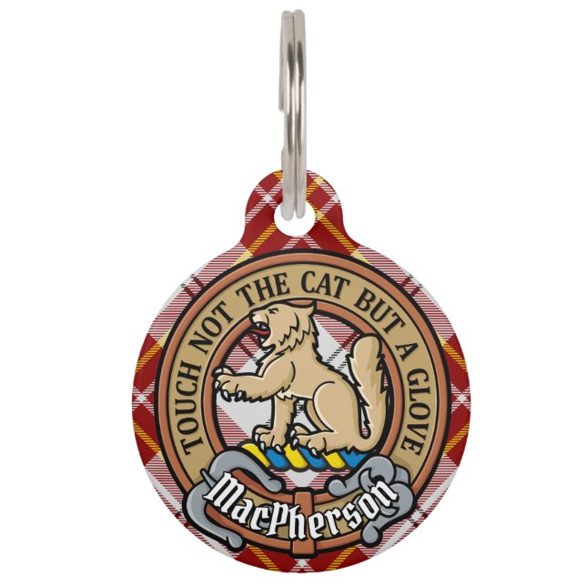Clan MacPherson Crest over Rode Jurk Tartan Huisdierpenning (Voorkant)