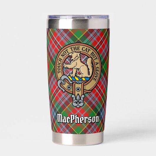 Clan MacPherson Crest over Tartan Geïsoleerde Drinkbeker (Voorkant)