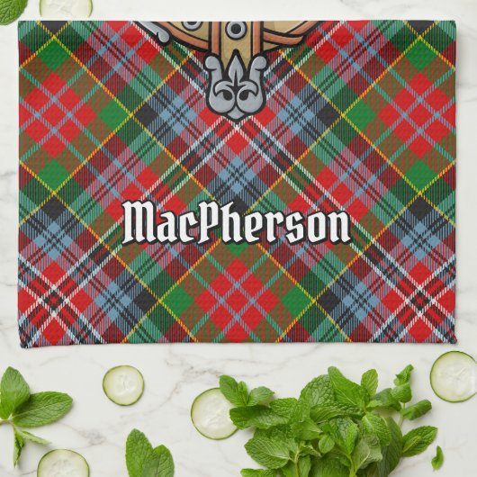 Clan MacPherson Crest over Tartan keukenhanddoek (Gevouwen)