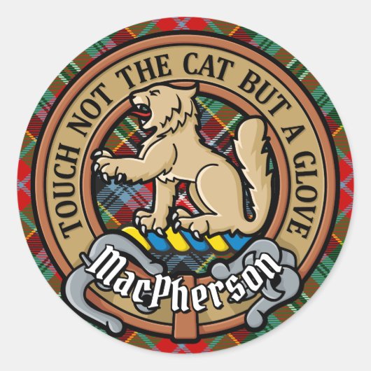Clan MacPherson Crest over Tartan Ronde Sticker (Voorkant)