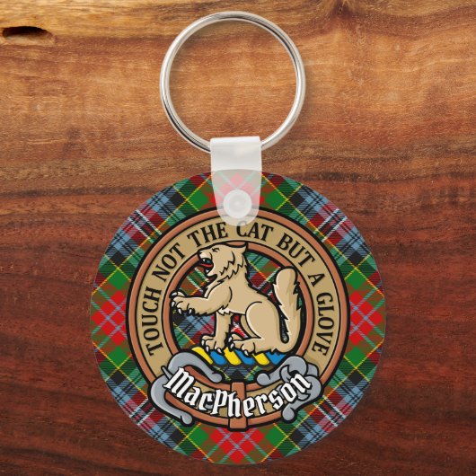 Clan MacPherson Crest over Tartan Sleutelhanger (Voorkant)